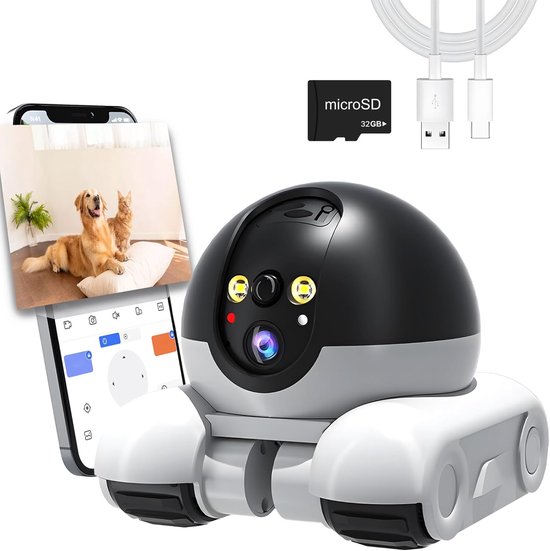 Robot Huisdier Camera - 1080p Mobiele Binnenbeveiliging - 2.4GHz WiFi - Tweerichtingsaudio - 360° Bewegingsdetectie - Met 32GB SD Kaart - 5200mAh Batterij - Kleurnachtzicht - Voor Katten en Honden van Merkloos