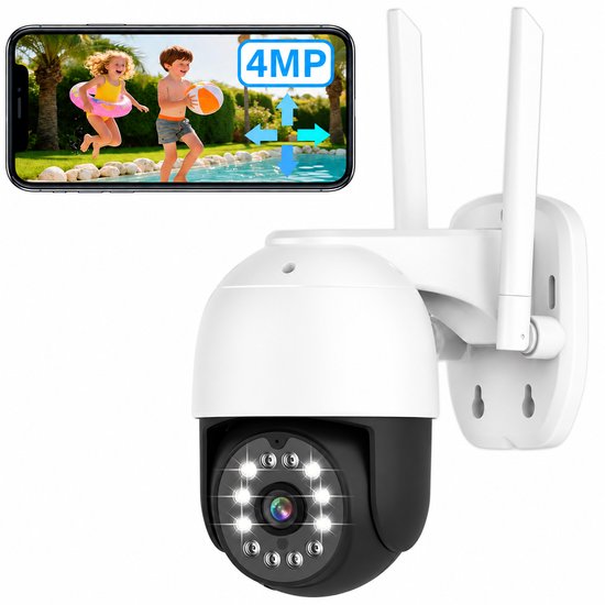 Sander Shop 4MP Bewakingscamera voor Buiten, Kleuren/IR Nachtzicht, Compatibel met Google Home, Bewegingsdetectie, 2-weg Audio, Alarmmelding, Waterdicht IP65