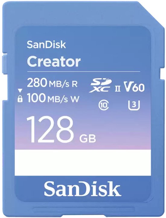 SanDisk Creator SDXC-kaart Retail 128 GB Class 10, v60 Video Speed Class, UHS-II U3 Schrijfbeveiligingsschakelaar van Merkloos