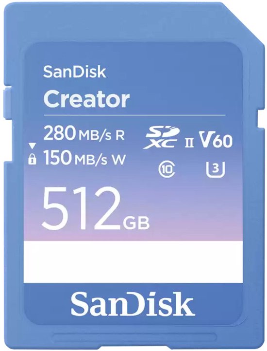 SanDisk Creator SDXC-kaart Retail 512 GB Class 10, v60 Video Speed Class, UHS-II U3 Schrijfbeveiligingsschakelaar van Merkloos