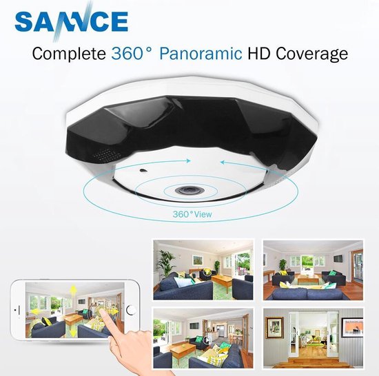 Sannce 360° Night Vision Wireless Beveiligingscamera - Fisheye Panoramic IP Camera|3 Megapixels |1080P |IP Dome| Binnen | IR Night Detection Bewakingscamera van Sannce