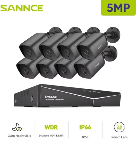 Sannce - DT81BF-CR1CP - Beveiligingscamerasysteem - 5MP - Openlucht - Bewakingscamera - Beveiligingscamera - Beveiligingscamerasysteem - 8 stuk - NTSC,PAL - Zwart van Merkloos