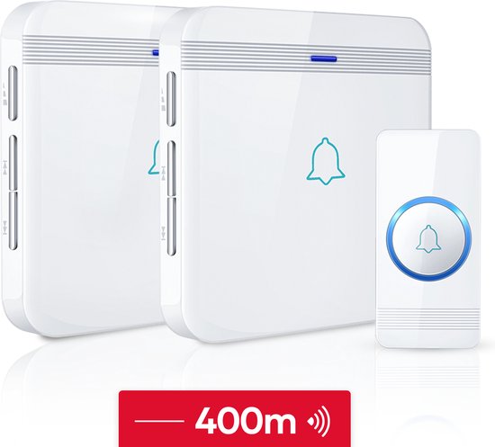 SAVS Draadloze deurbel met 2 ontvangers - Wit - Bereik 400 meter - Waterdicht - Ontvangers zonder batterijen - 52 melodieën