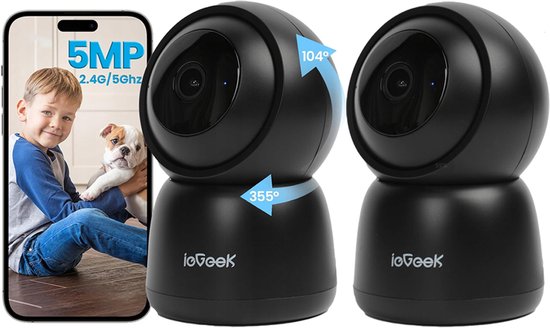 SC1 Pro Camerabewaking - 5MP Ultra HD - Huisdiercamera met app - Beveiligingscamera binnen - Wifi Camera APP - Volgt beweging en geluidsdetectie - Bewakingscamera - 2.4/5 GHz - Zwart - 2 Stuks van Merkloos