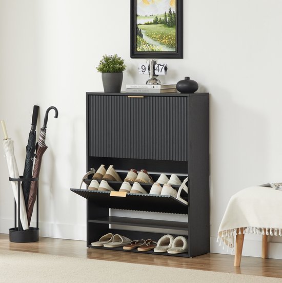 Schoenenkast Met Groef Front En Anti Kantel Beveiliging Voor Hal En Gang Zwart Spanplaat En Metaal 80 X 24 X 102 Cm