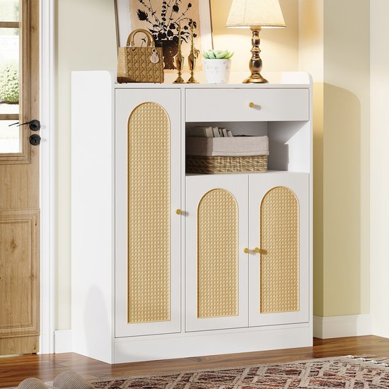 Schoenenkast Met Rotan Deuren En 1 Lade, 3 Deuren, Verstelbare Planken, Open Opbergruimte, Wit Natuurlijk, 90x35x110 Cm