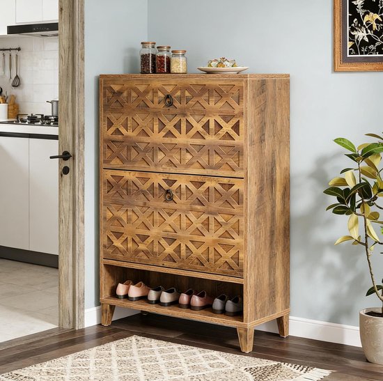 Schoenenkast Ruime Opbergruimte 80 x 24 x 110 cm MDF Bruin Met 2 Klapladen Open Vak Voor Hal En Woonkamer Met Kipbeveiliging