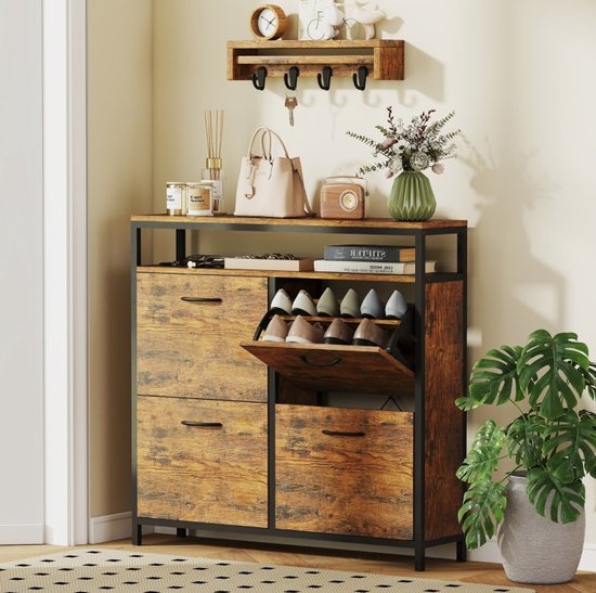 Schoenkast Met 4 Klapvakken En Open Vak - Smal Industrieel Design Voor Hal En Woonruimte - Hout En Staal - Rustic Brown - 98x24x95 Cm