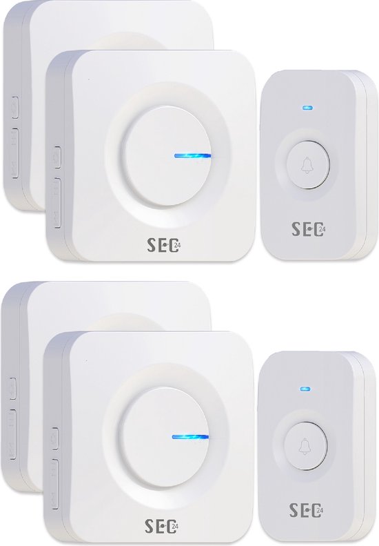 SEC24 DB706WV2 Draadloze Deurbel set met 4 Ontvangers wit - Regelbaar Volume en 52x Melodie - LED - Wit