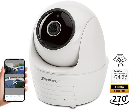 SecuFirst CAM114SSD64 Draadloze IP camera voor binnen - Met 64GB micro sd kaart - Pan/Tilt draai- kantelbaar - 10M nachtzicht - Huisdiercamera met app - Beveiligingscamera - Wifi camera app - Volgt beweging - bewakingscamera van Merkloos