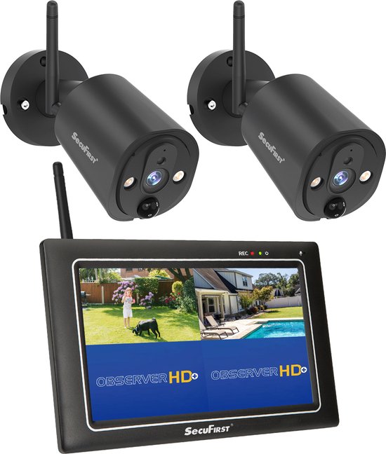 SecuFirst CWL401S/2 Draadloze 3 megapixel Beveiligingscamera met monitor - 7 inch touchscreen + 2 camera's - Zwart - Gratis app van Merkloos