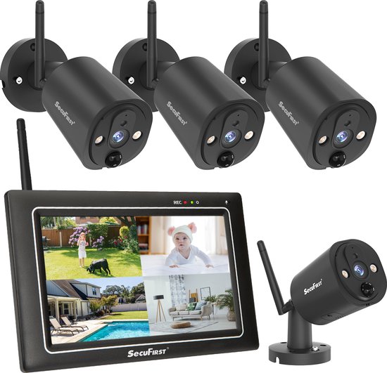SecuFirst CWL401S/4 Draadloze 3 megapixel Beveiligingscamera met monitor - 7 inch touchscreen + 4 camera's - Zwart - Gratis app van Merkloos