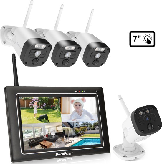 SecuFirst CWL401W/4 Draadloze 3 megapixel Beveiligingscamera met monitor - 7 inch touchscreen + 4 camera's - Wit - Gratis app van SecuFirst