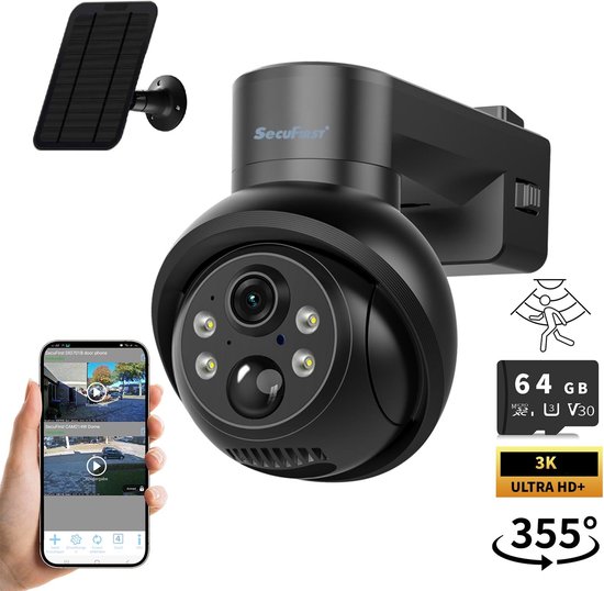 SecuFirst Pro CAM219Z Batterij camera met zonnepaneel - 64GB opslag Dome zwart - IP Camera draai- en kantelbaar voor buiten – 3K resolutie
