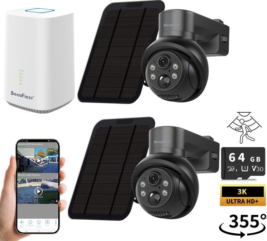 SecuFirst Pro GW219S2 Cameraset, 2x Batterij camera met zonnepaneel en Gateway - 64GB opslag Dome zwart - IP Camera draai- en kantelbaar voor buiten – 3K resolutie