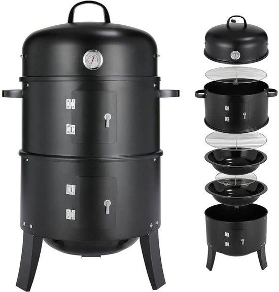 Serolux® - Barbecue - 3-in-1 - Houtskoolgrill - BBQ-rokergrill - Draagbare Verticale Grillkoker - met Ingebouwde Thermometers - Verstelbare Ventilatiesystemen - Klassieke Stijl - voor Buitenkoken - BBQ - 44.5 x 80 cm - Zwart van Serolux