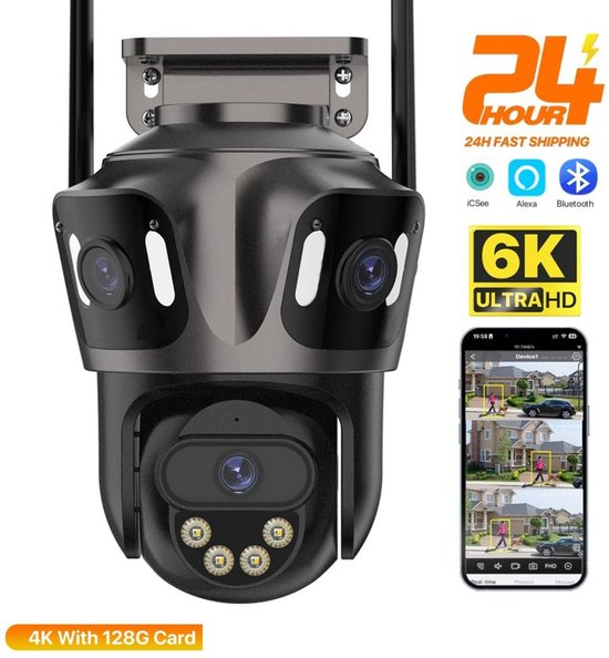 Serolux® - Beveiligingscamera - 4K/8MP - Spotlights - IP66 - Dual Lens 4X Digitale Zoom - Audiofunctionaliteit - 360° - Waterdicht - 4 gebruikers - Nachtzicht in kleur - Unieke drievoudig lensontwerp - 128G SD-kaart - Zwart van Serolux
