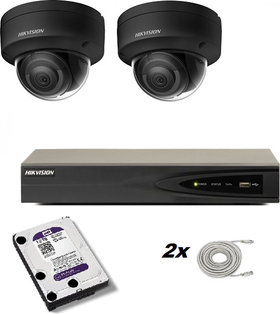 Set met 2 zwarte Hikvision DS-2CD2186G2-I 2.8mm 8mp camera’s, Hikvision recorder en Western Digital harde schijf van Hikvision