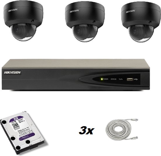 Set met 3 zwarte Hikvision DS-2CD2146G2-I 2.8mm buiten camera’s, Hikvision recorder en Western Digital harde schijf van Hikvision