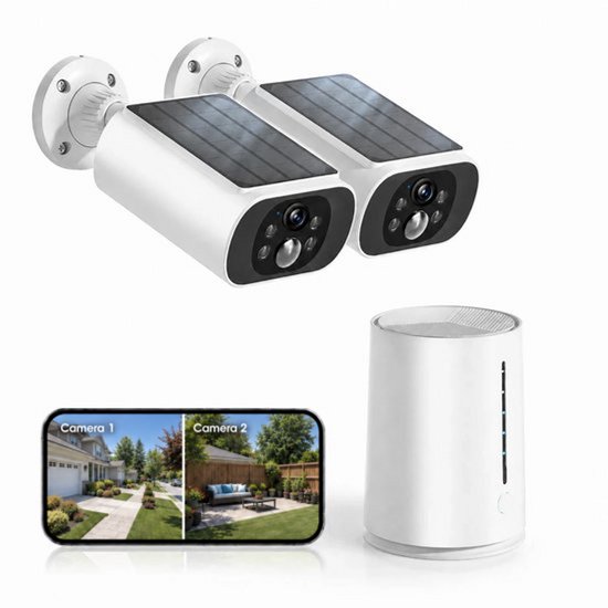 Set van 2 camera's met HomeBase zonnepaneel - Wifi - Beveiligingscamera'svoor Buiten 4MP set - Beveiliging voor thuis - Draadloos - Beveiligingscamera's set - veiligheid - bewaking