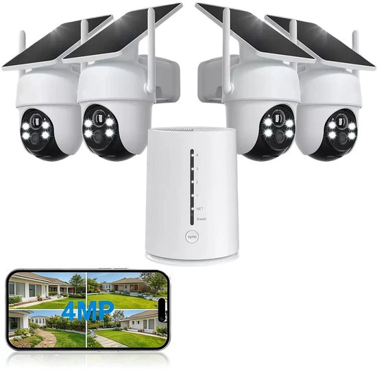 Set van 4 camera's met HomeBase zonnepaneel - Wifi - Beveiligingscamera'svoor Buiten 4MP set - Beveiliging voor thuis - Draadloos - Beveiligingscamera's set - veiligheid - bewaking