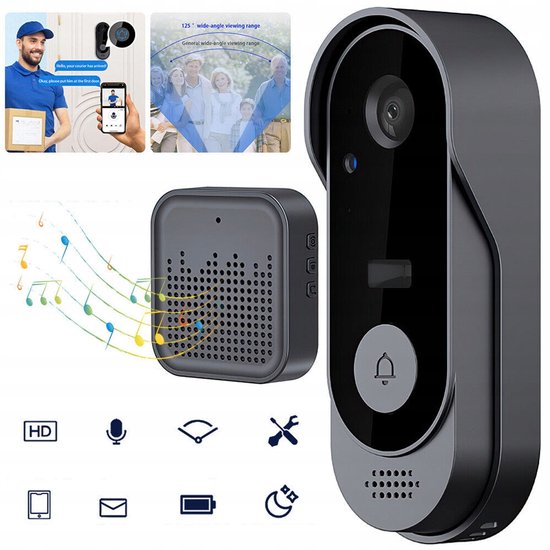 Slimme Draadloze wifi-Deurbel Camera - 125° Groothoek Nachtzicht Tweewegs Audio IP65 Waterdicht 1000mAh Batterij - Voor Huisbeveiliging - Zwart