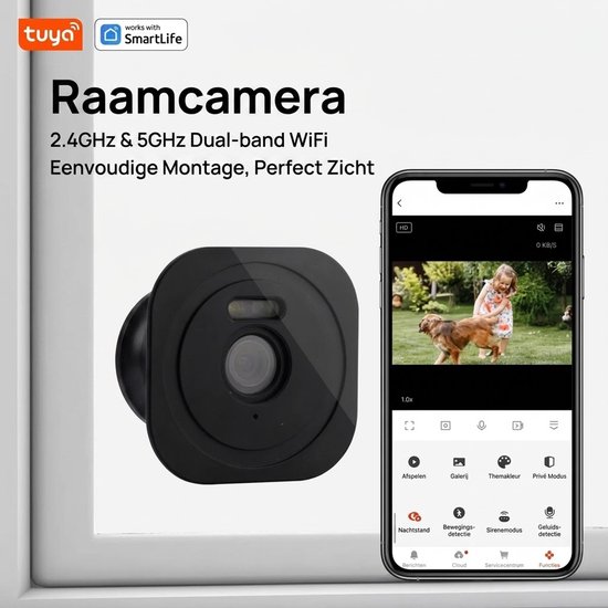 Slimme Raamcamera 3MP - WiFi Beveiligingscamera - 2.4GHz & 5GHz - Kleuren Nachtzicht - Tuya App - Bewakingscamera voor Thuis