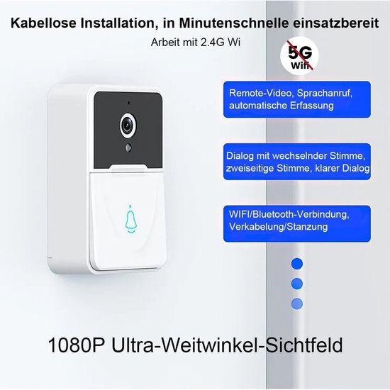 Slimme videodeurbel, tweewegcommunicatie, infrarood nachtzicht, wifi-weergave op afstand, werkt op batterijen.