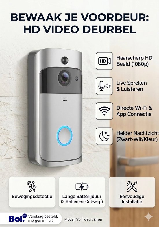 Slimme Videodeurbel Zilver - Volledig Draadloos met HD Camera, Nachtzicht & Tweeweg Audio van Merkloos