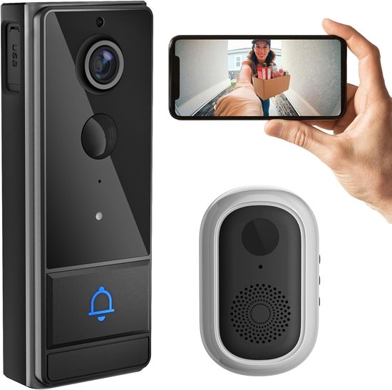 Slimme WiFi-videodeurbelcamera, draadloze deurbelvideo-intercom met PIR-activering, resolutie 1280x720, nachtzicht, tweerichtingsaudio, IP65 waterdicht, huisbeveiliging, zwart. van Merkloos