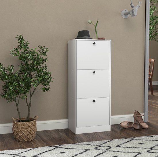 Smal Schoenenkast Met 3 Klapdeuren En Verstelbare Tussenschot - Modern Voor Hal En Kleine Ruimtes - Wit - 47 X 28 X 115 Cm