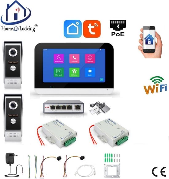 Smart WIFI deur intercom 2 videodeurbellen en 1 touchscreen + 2 x elektrisch deurslotvoedingen. T-2301V-2-1 van Smart