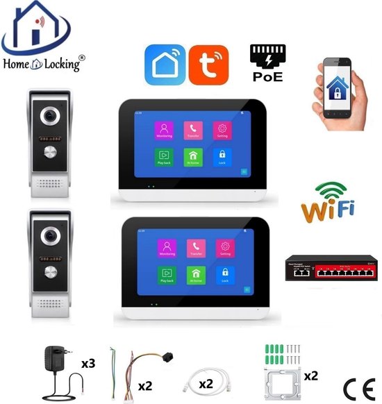 Smart WIFI deur intercom 2 videodeurbellen en 2 touchscreens. T-2301-2-2 van Intesi.