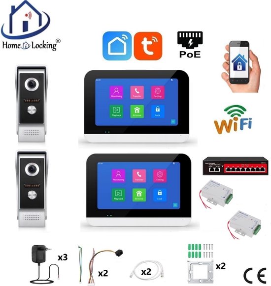 Smart WIFI deur intercom 2 videodeurbellen en 2 touchscreens. T-2301V-2-2 van Eminent