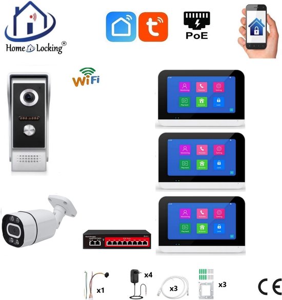 Smart WIFI deur intercom touchscreen met bediening via Smart Life APP werkt met Alexa en Google spraaksturing. T-2301-1-3+C van $