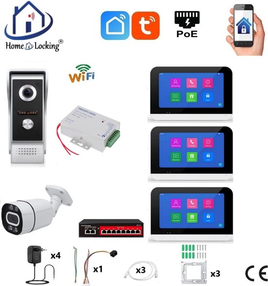 Smart WIFI deur intercom touchscreen met bediening via Smart Life APP werkt met Alexa en Google spraaksturing. T-2301V-1-3+C van $