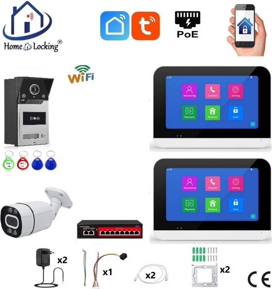Smart WIFI deur intercom touchscreen met bediening via Smart Life APP werkt met Alexa en Google spraaksturing. T-2302-1-2+C van Boweicompany.
