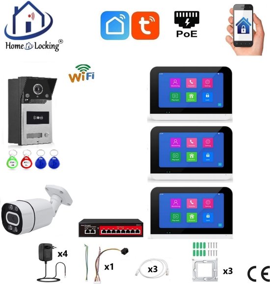 Smart WIFI deur intercom touchscreen met bediening via Smart Life APP werkt met Alexa en Google spraaksturing. T-2302-1-3+C van Smart Life