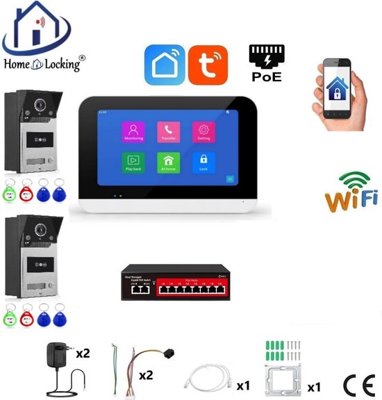 Smart WIFI deur intercom touchscreen met bediening via Smart Life APP werkt met Alexa en Google spraaksturing. T-2302-2-1 van Timecup