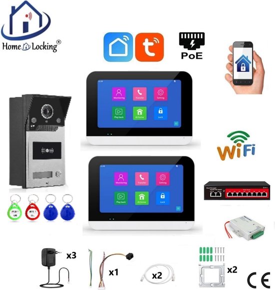 Smart WIFI deur intercom touchscreen met bediening via Smart Life APP werkt met Alexa en Google spraaksturing. T-2302V-1-2 van Timeleos