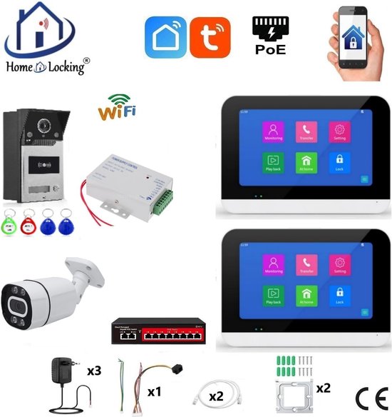 Smart WIFI deur intercom touchscreen met bediening via Smart Life APP werkt met Alexa en Google spraaksturing. T-2302V-1-2+C van Tedee