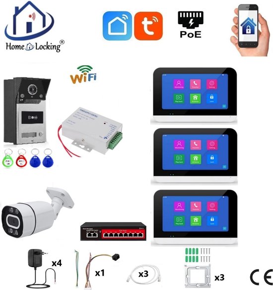 Smart WIFI deur intercom touchscreen met bediening via Smart Life APP werkt met Alexa en Google spraaksturing. T-2302V-1-3+C van Timeleos