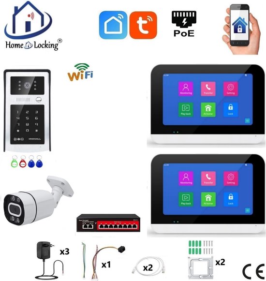 Smart WIFI deur intercom touchscreen met bediening via Smart Life APP werkt met Alexa en Google spraaksturing. T-2303-1-2+C van Smartwifi-cam.