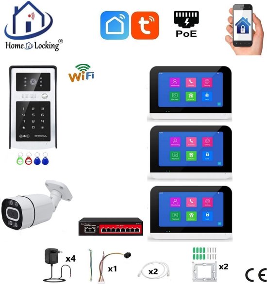 Smart WIFI deur intercom touchscreen met bediening via Smart Life APP werkt met Alexa en Google spraaksturing. T-2303-1-3+C van Merkloos
