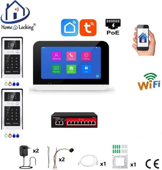 Smart WIFI deur intercom touchscreen met bediening via Smart Life APP werkt met Alexa en Google spraaksturing. T-2303-2-1 van Smart Life