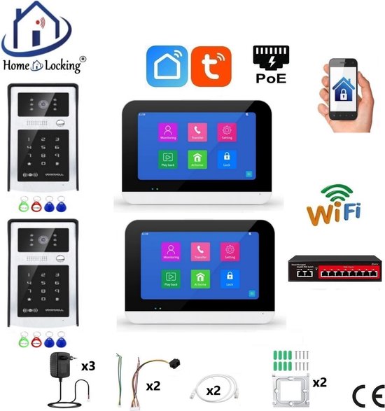 Smart WIFI deur intercom touchscreen met bediening via Smart Life APP werkt met Alexa en Google spraaksturing. T-2303-2-2 van FlinQ