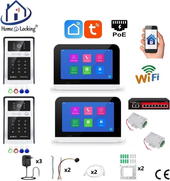 Smart WIFI deur intercom touchscreen met bediening via Smart Life APP werkt met Alexa en Google spraaksturing. T-2303V-2-2 van $