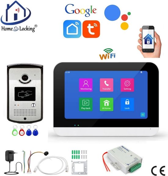 Smart WIFI deur intercom touchscreen met voeding voor elektrisch slot en bediening via Smart Life APP werkt met Alexa en Google spraaksturing.T-2302V van Smart Life