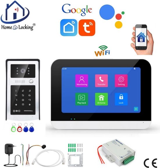Smart WIFI deur intercom touchscreen met voeding voor elektrisch slot en bediening via Smart Life APP werkt met Alexa en Google spraaksturing.T-2303V van KlikAanKlikUit