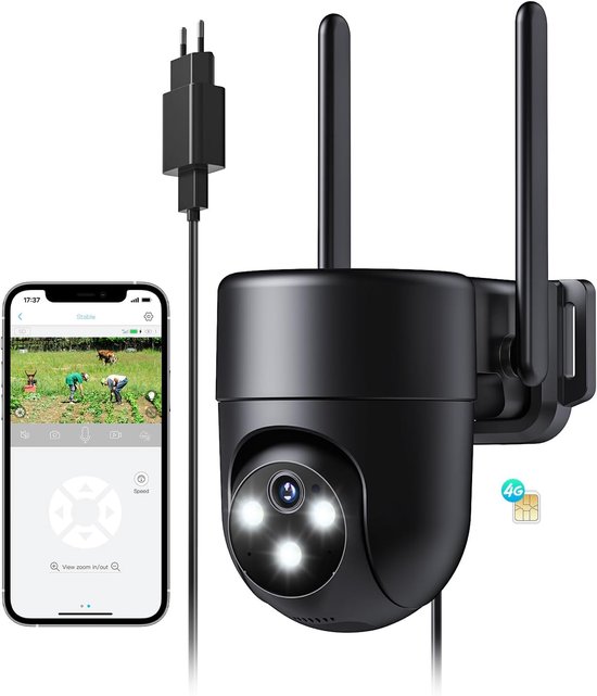 SnelShoppen - 24/7 Opname 4G LTE Buiten Beveiligingscamera met SIM Kaart, Draadloze Camera Bewaking Zonder WiFi, 2K Kleur Nachtzicht, AI Persoon Herke